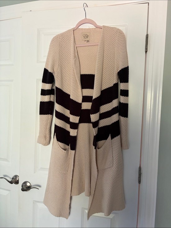 Chaser Sweaters - Chaser Cream and Black Striped Open Cardigan